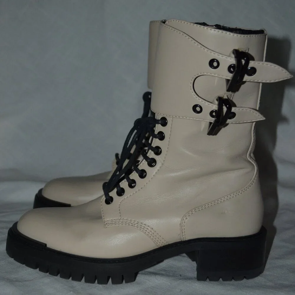 $890 Sz 37.5 7 Barbara Bui Beige Leather Black Trim Lace Up Mid Moto Boo…